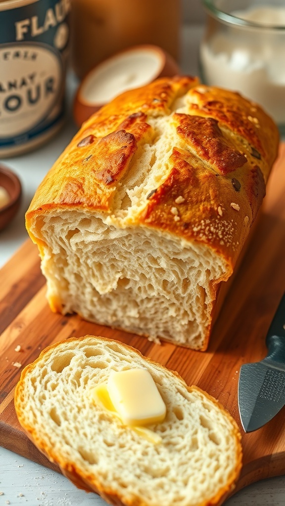 Freshly baked homemade bread loaf sliced on a wooden board with butter.